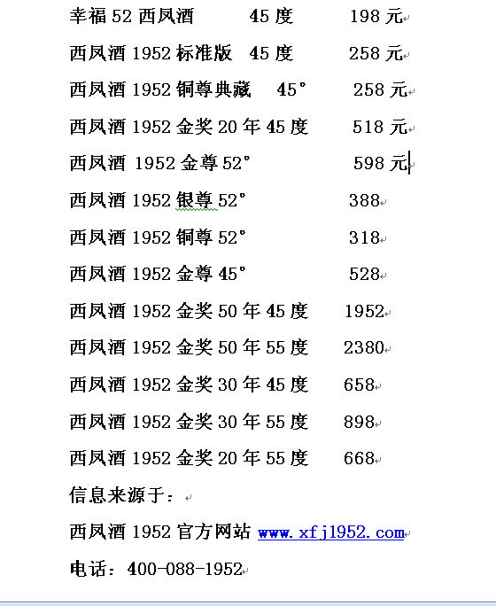 2015年西凤酒价格表和图片一览表